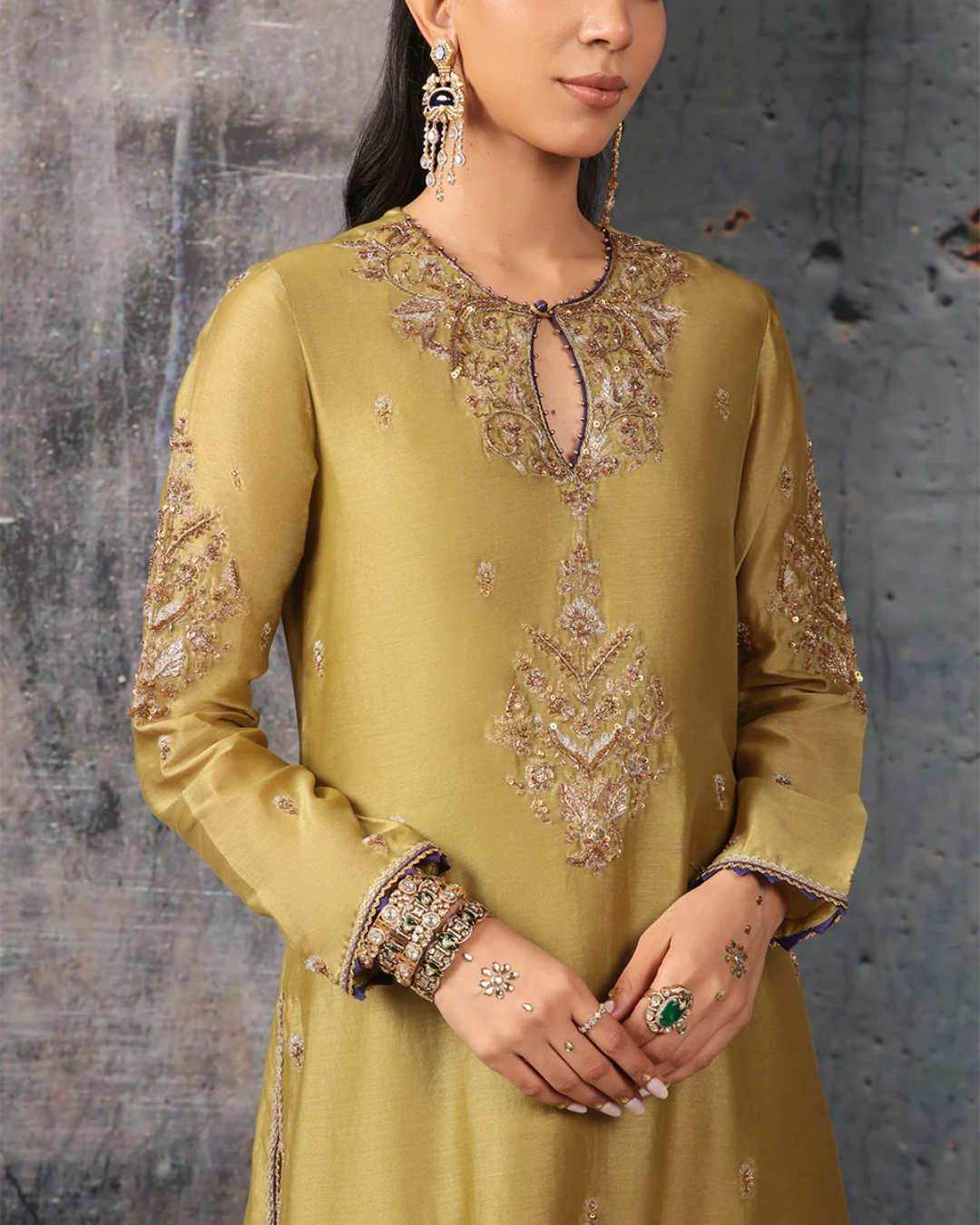 Niti Bothra - Mehrang Olive Green Straight Long Kurta Set