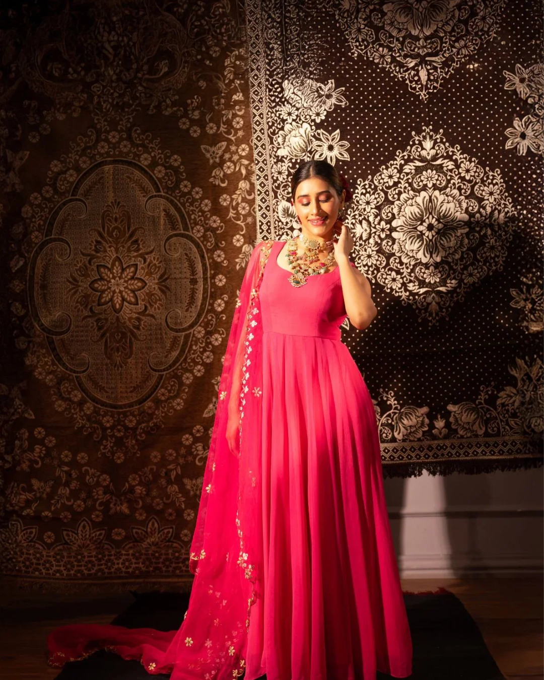 Anisha Shetty - Rasberry Pink Anarkali With Scallop Gota & Mirrorwork Dupatta From Rangin