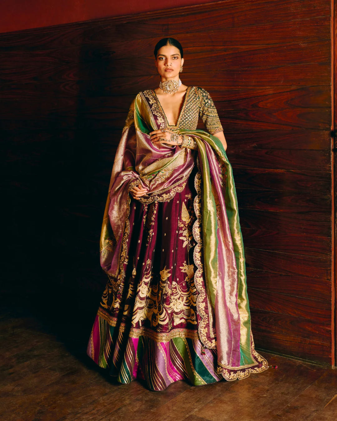 Aditi Gupta - Kam Dhenu Wine Lehenga With Tissue Duppata Set From Chitrakatha