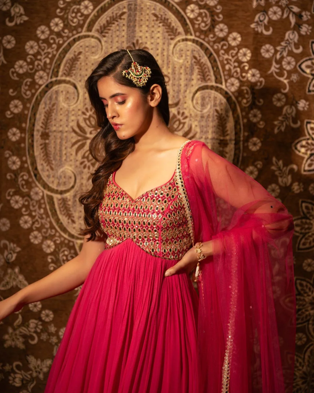 Anisha Shetty - Rasberry Pink Mirrorwork Anarkali With Mirrorwork Dupatta From Rangin