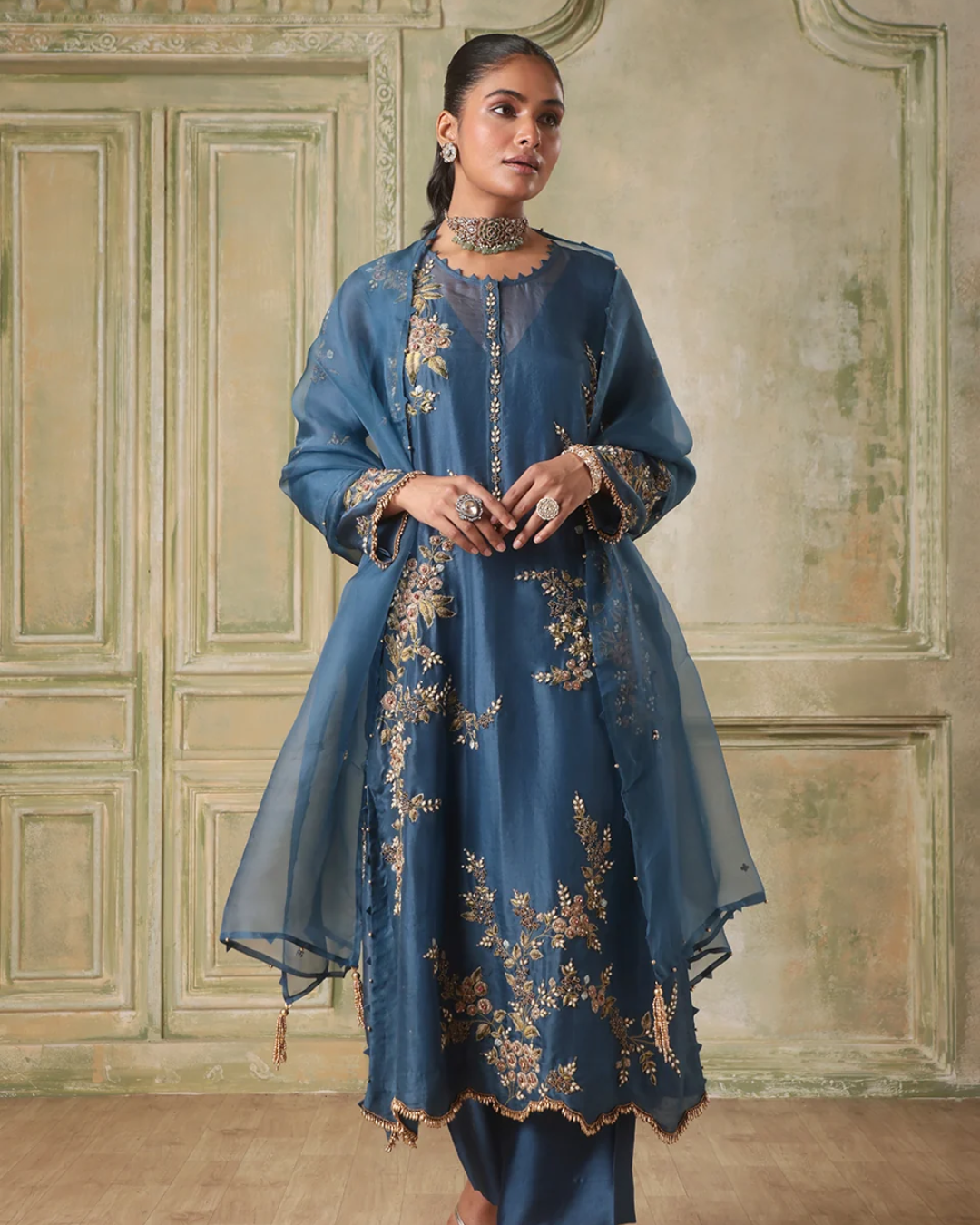 Niti Bothra - Zar-Rang Blue Multicolor Jaal Kurta Set