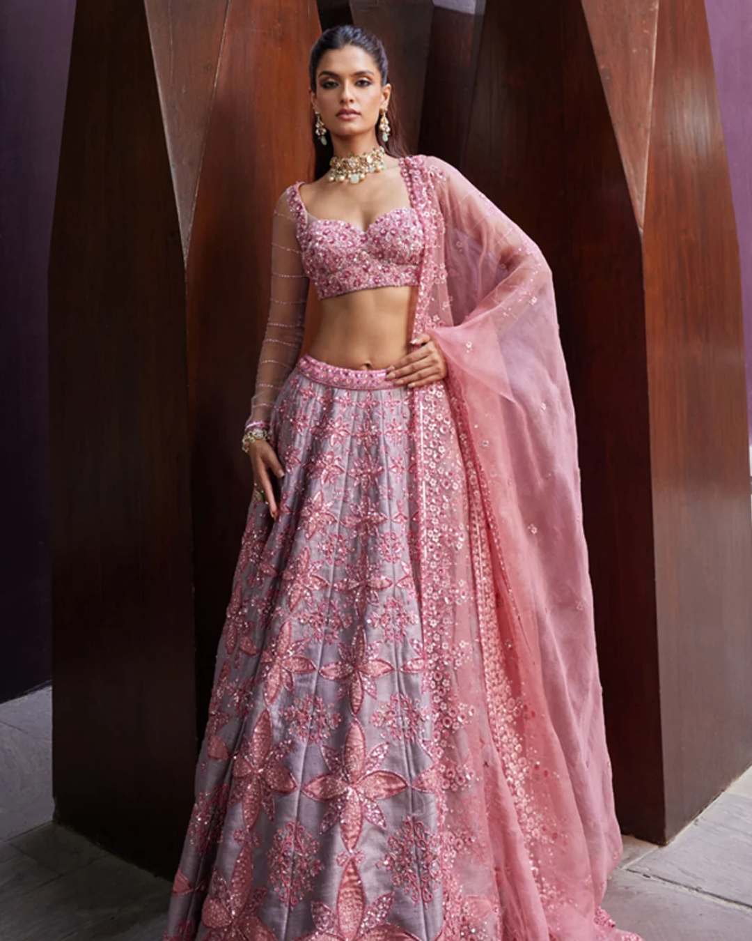 Prevasu - Pink & Grey Lehenga Set From Eraya