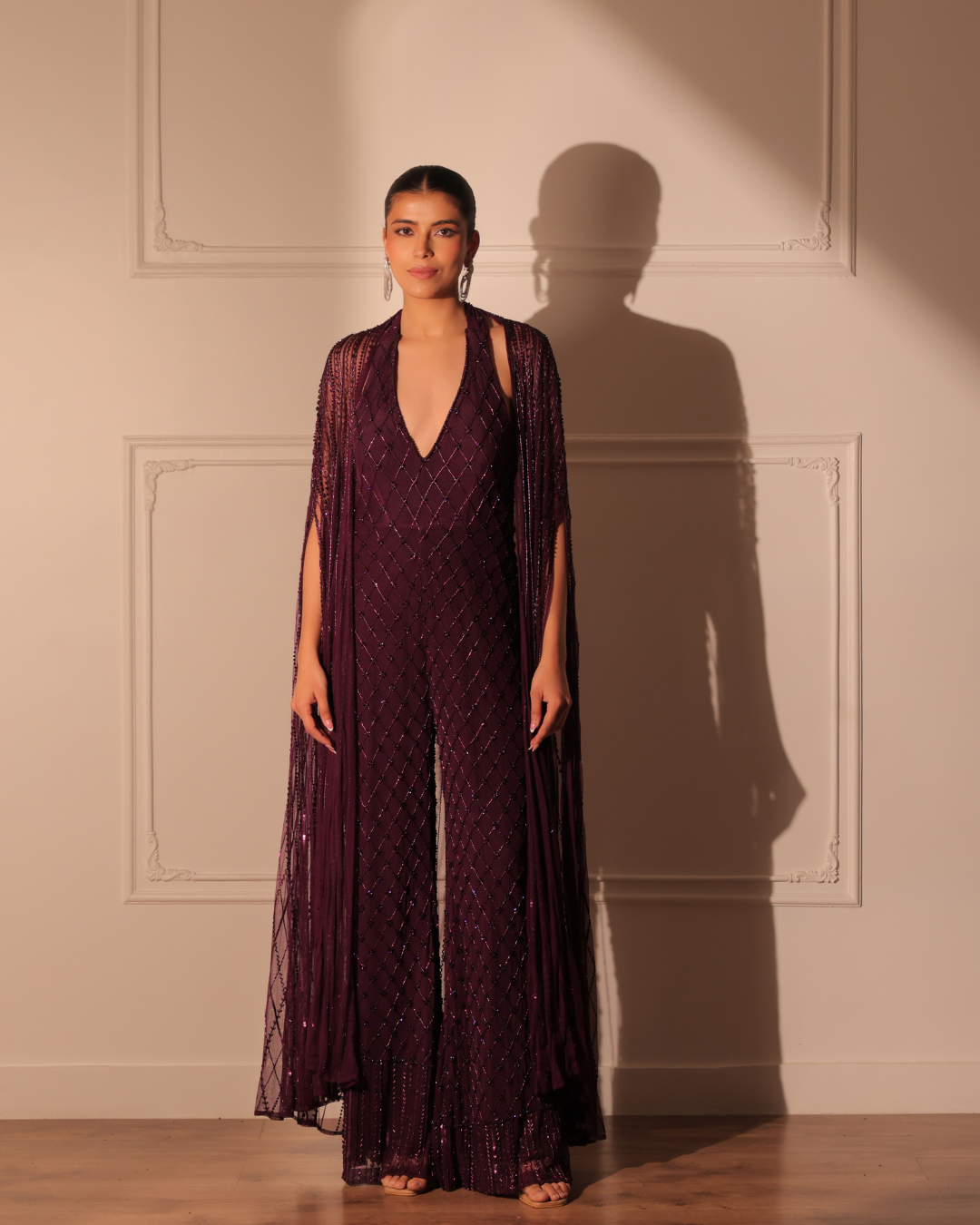 Sonali Bansal - Wine halter neck jumpsuit with cape From Banno Ki Saheli