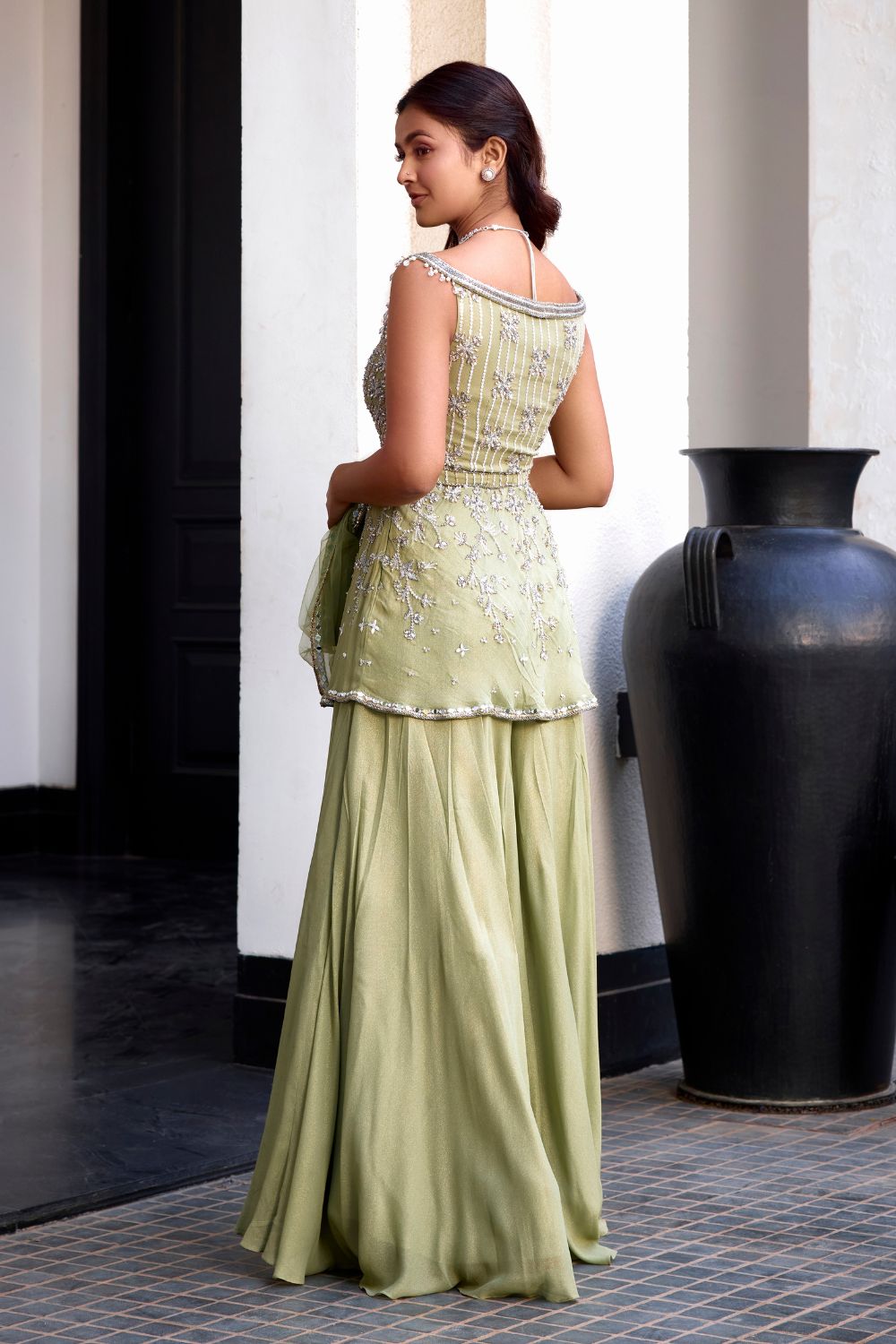 Sanya Gulati - Sage Green Off Shoulder Peplum Set from Kia & Kyara