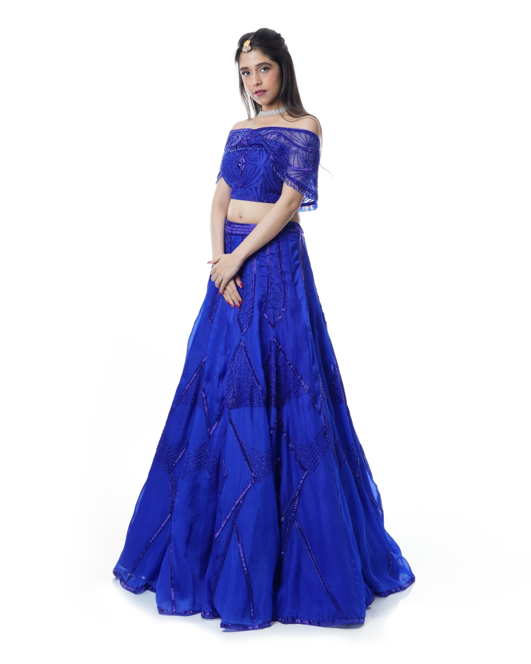 Isa by Dolly Wahal - Royal Blue Off Shoulder Lehenga From Athena