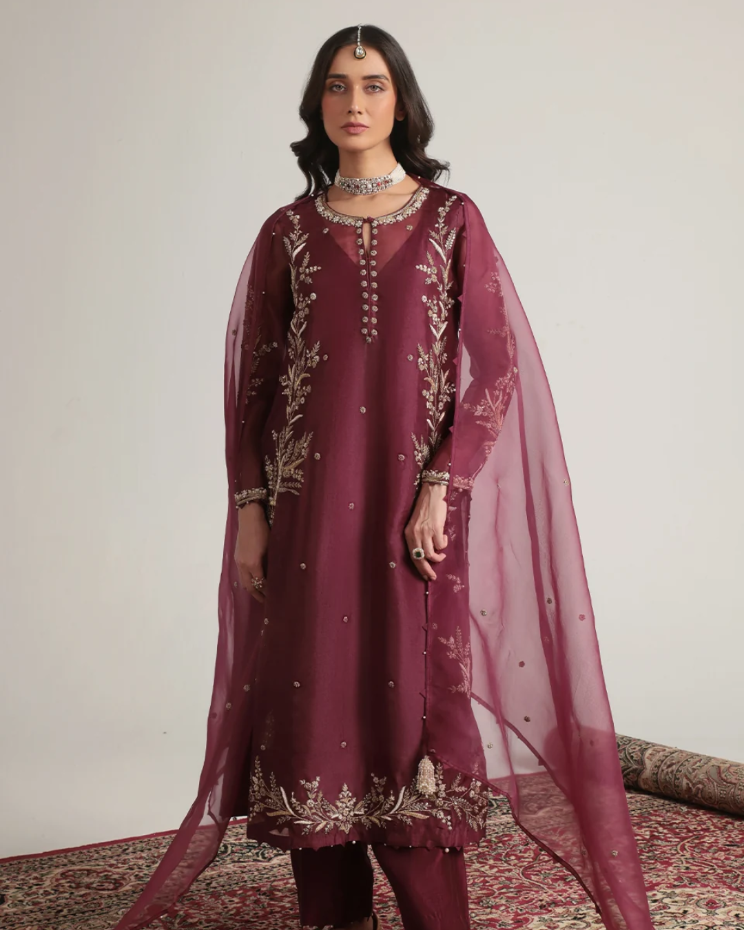 Niti Bothra - Zar-Rang Wine Light Phool Patti Kurta Set