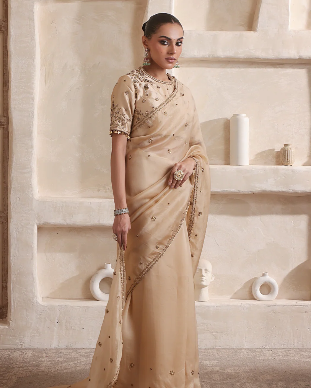 Niti Bothra - Zar-Rang Ivory Buti Saree Set