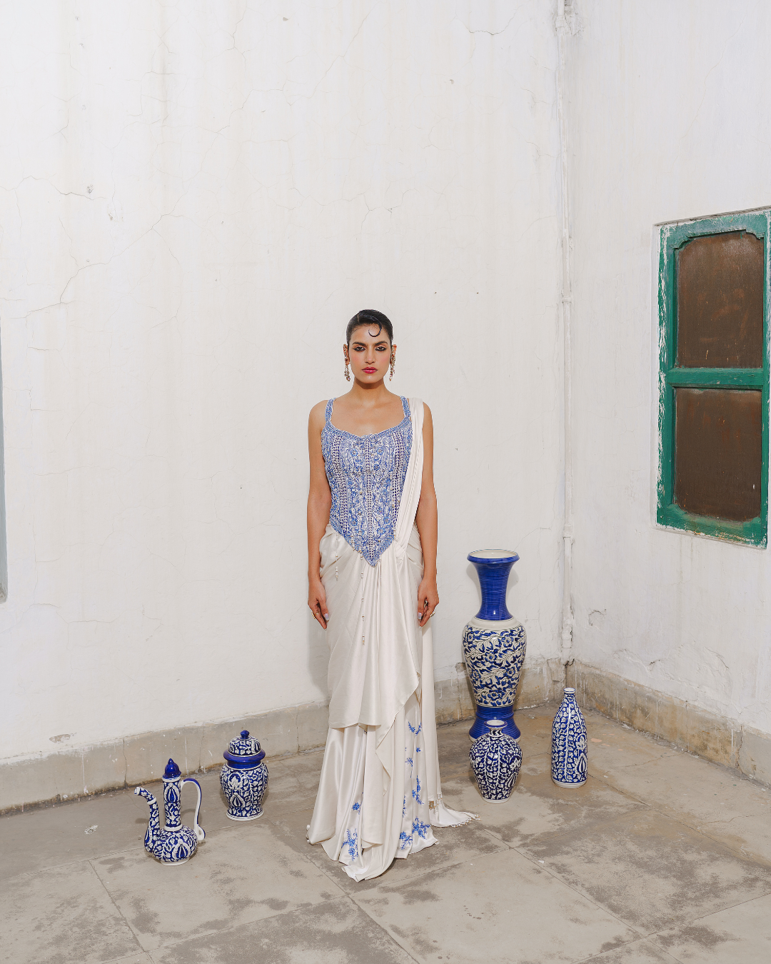 Aditi Gupta - Ivory Long Corset With Saree Set