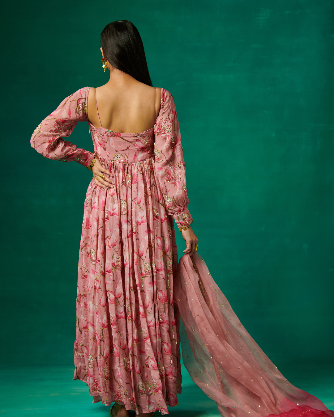 Sonali Bansal - Pink floral print anarkali and dupatta From Bageecha