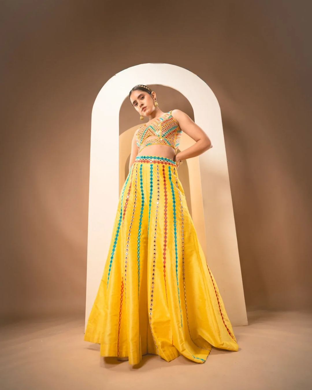 Anisha Shetty - Sunshine Yellow Multicolor Thread & Mirrorwork Sharara Set From Rangin