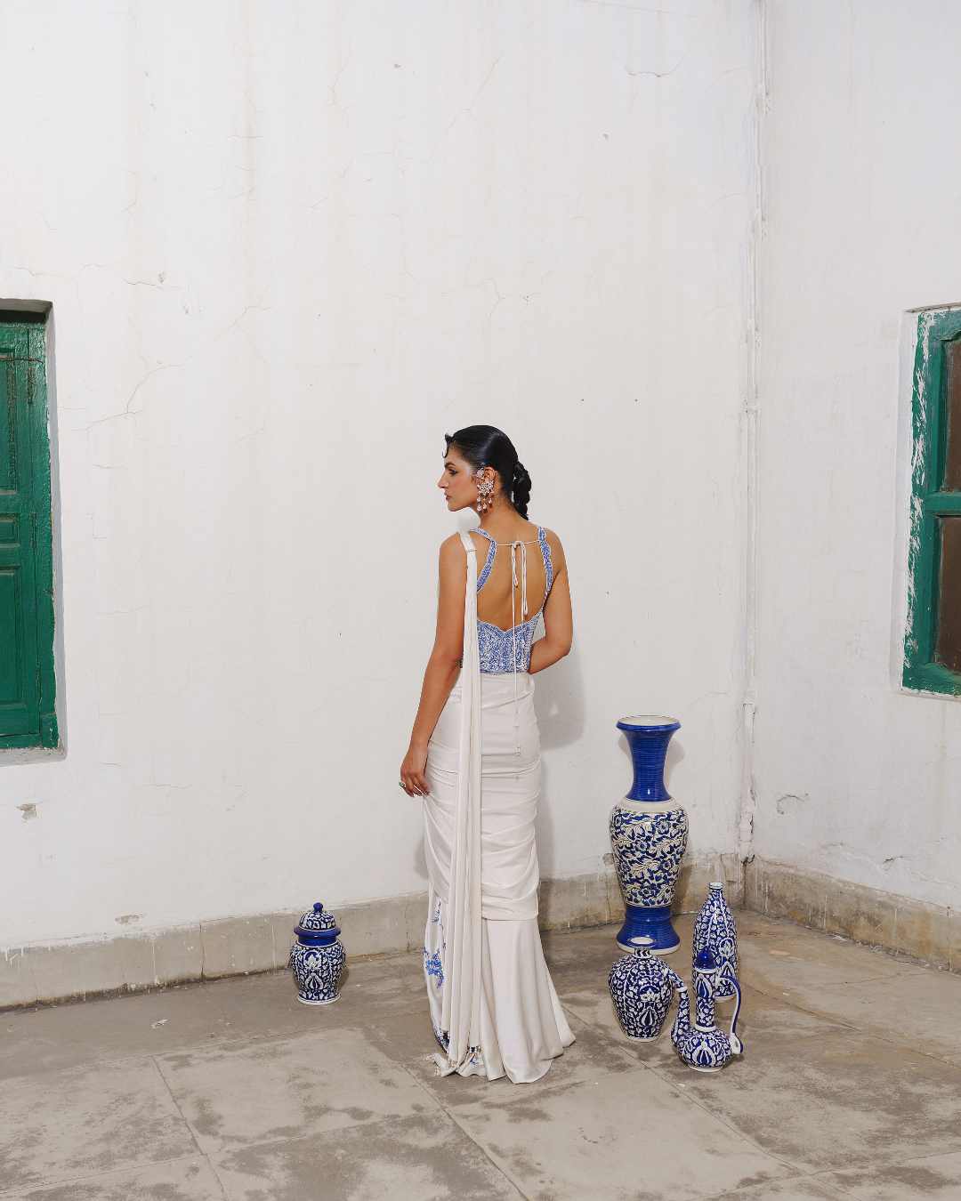 Aditi Gupta - Ivory Long Corset With Saree Set