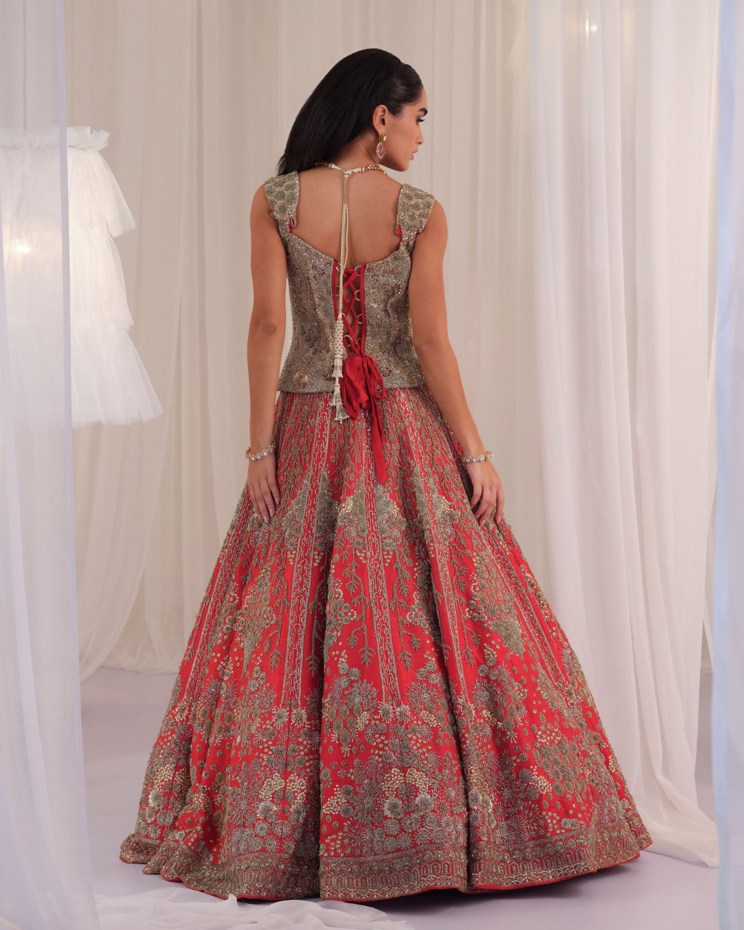 K&A By Karishma And Ashita - Red Hand Embellished Corset with Raw Silk Lehenga & Dupatta From First Love