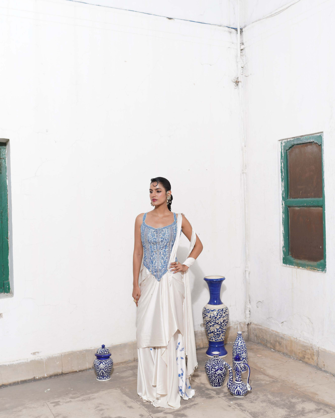 Aditi Gupta - Ivory Long Corset With Saree Set
