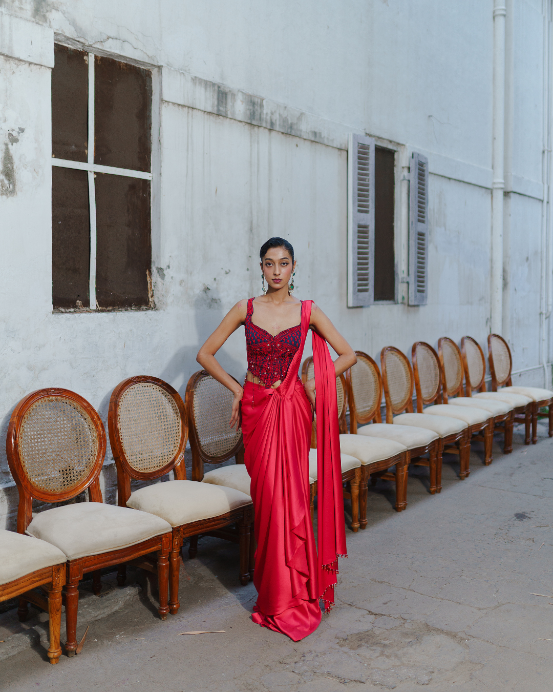 Aditi Gupta - Red Short Corset With Saree Set