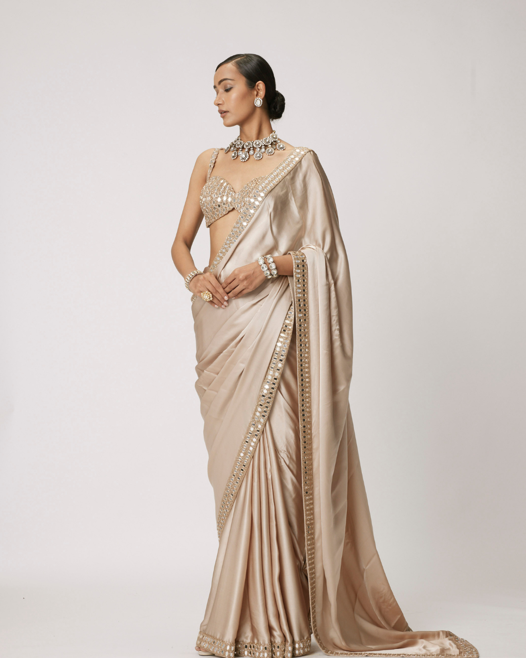 LIGHT BEIGE SATIN SAREE SET - Jugmug Bride by Vvani Vats