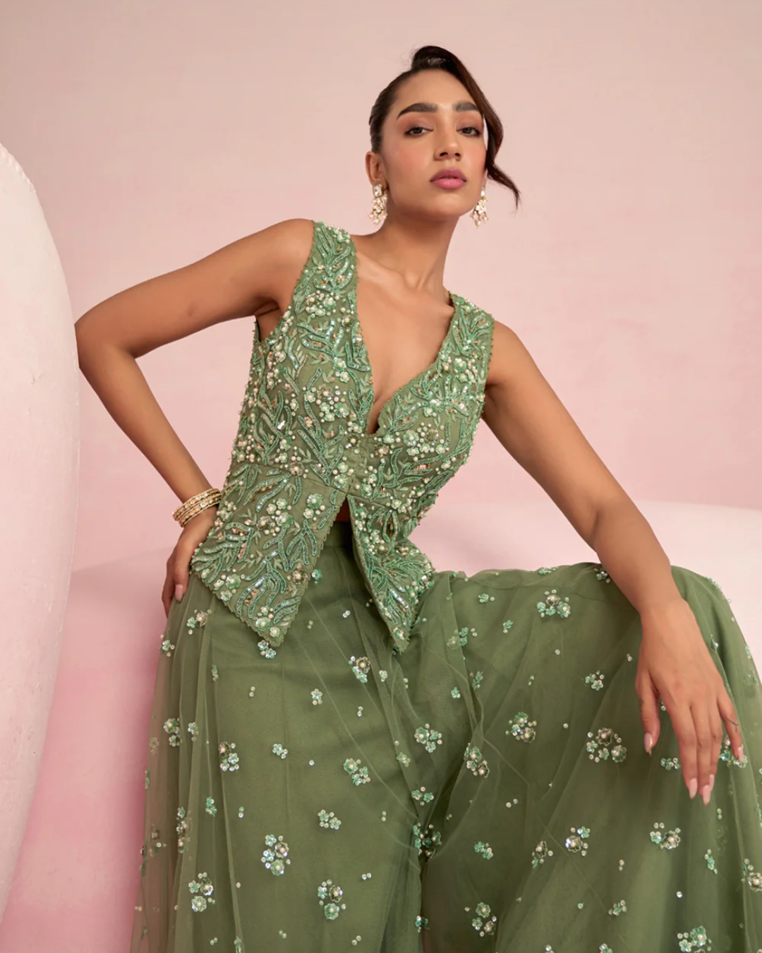 Prevasu - Sage Green Sharara Set From Solene