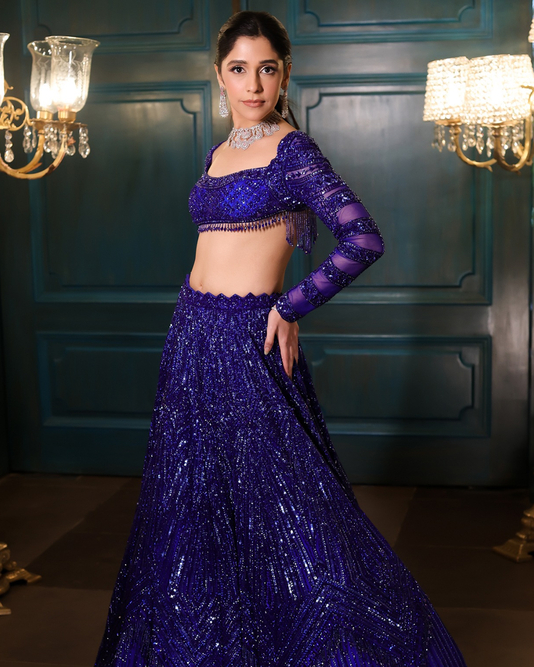 Isa by Dolly Wahal - Electric Blue Net Sequins Embroidered Lehenga Set