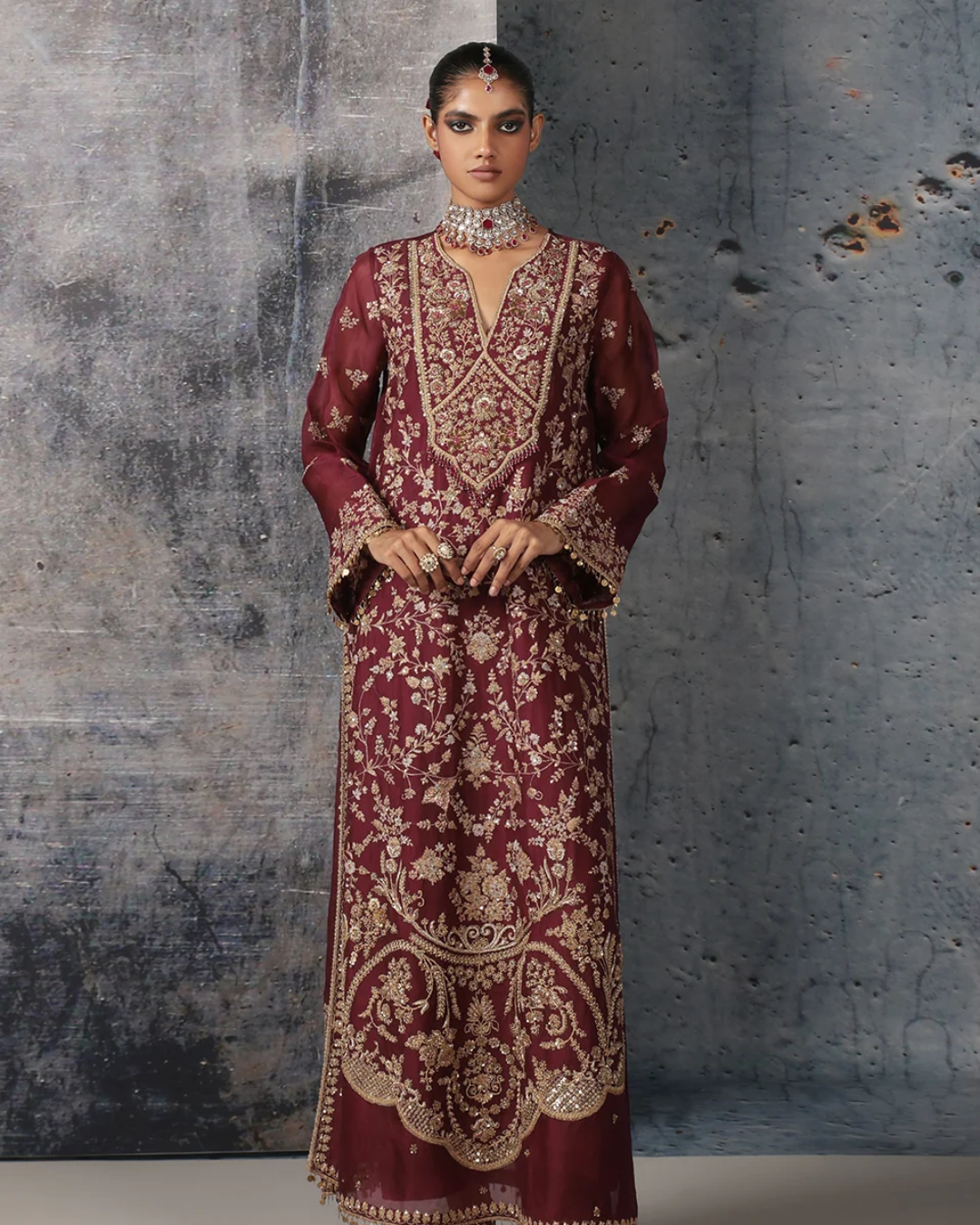 Niti Bothra - Zar-Rang Wine Long Jaal Kurta Set