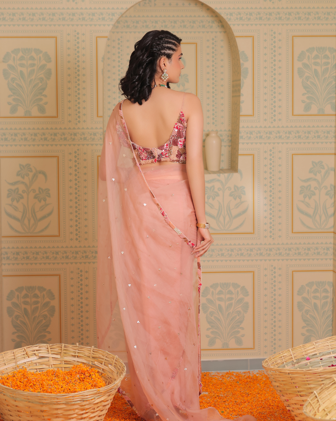 Sonali Bansal - Blush pink drape saree with blouse (potli seperately priced) From Banno Ki Saheli