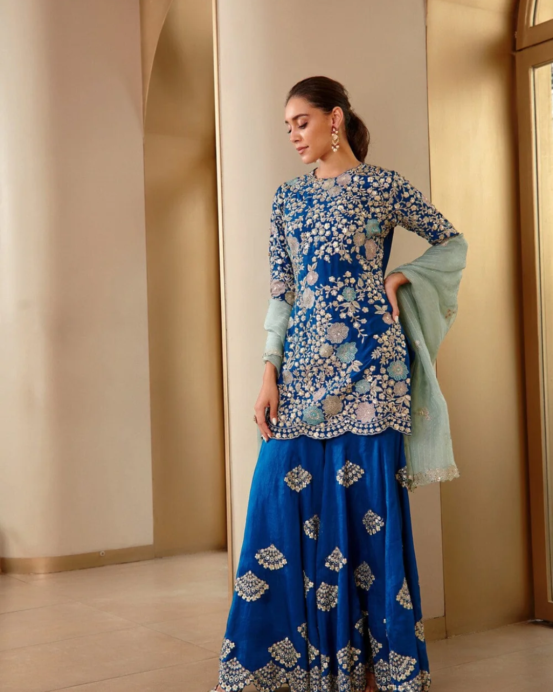Osaa By Adarsh - Jade Blue Embroidered Sharara Set From RASM