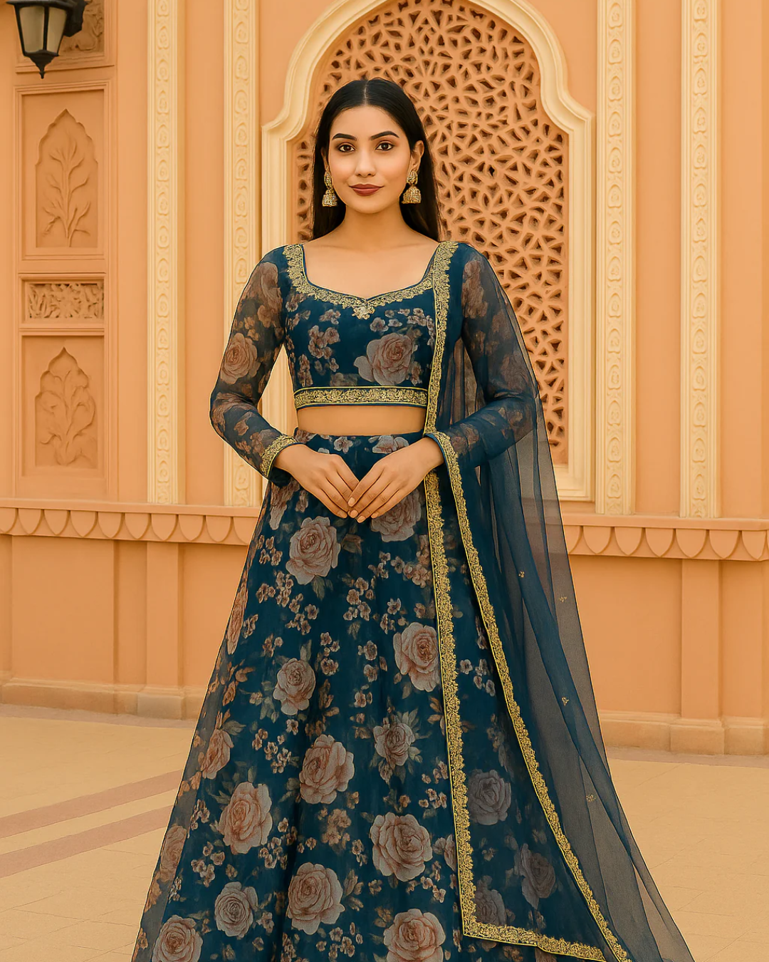 Anisha Shetty - Bahama Blue Floral Organza Lehenga With Organza Blouse Set