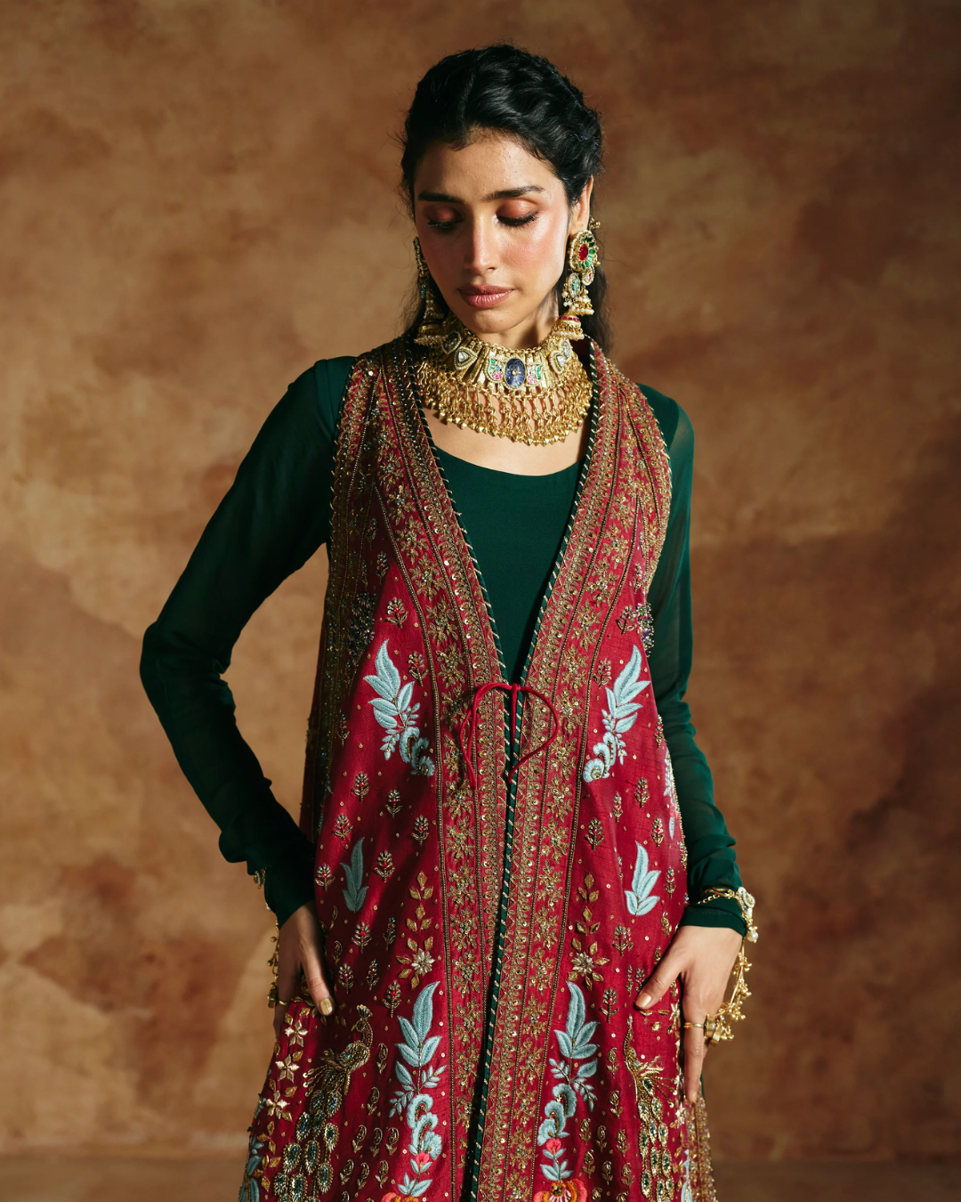 Aman Takyar - Red & Copper Jacket Set From Today's Sindh