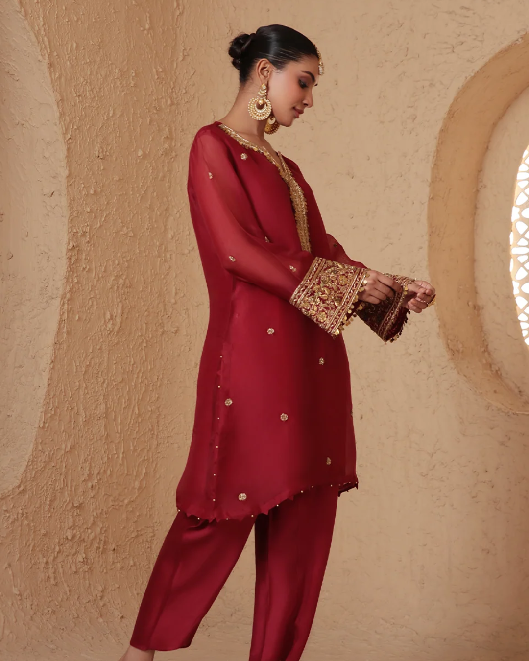 Niti Bothra - Zar-Rang Maroon Short Kurta Set