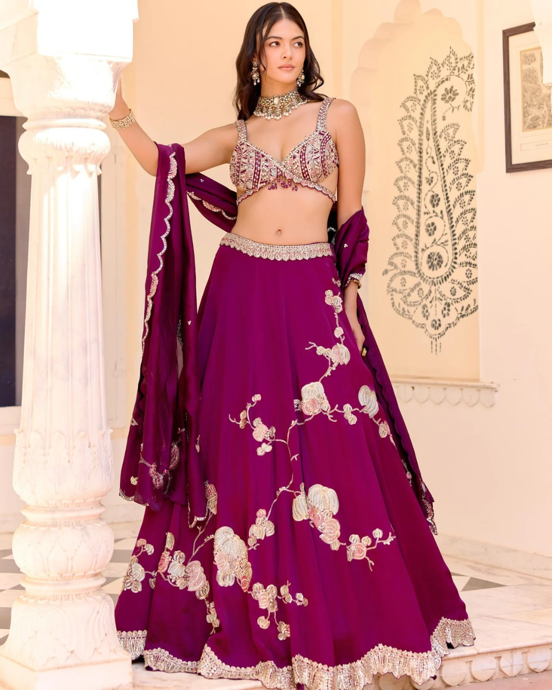 Osaa By Adarsh - Dark Plum Jaal Placement Lehenga Set From SAFAR