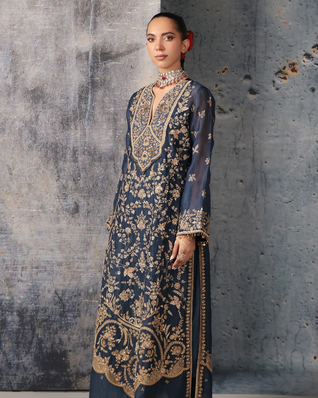 Niti Bothra - Zar-Rang Blue Long Jaal Kurta Set