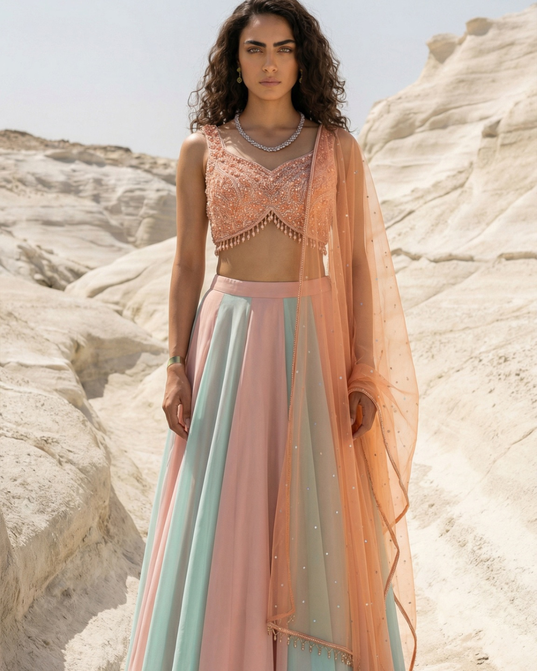 Anisha Shetty - Multicolour Lehenga With Peach Pearl And Sequence Blouse Set