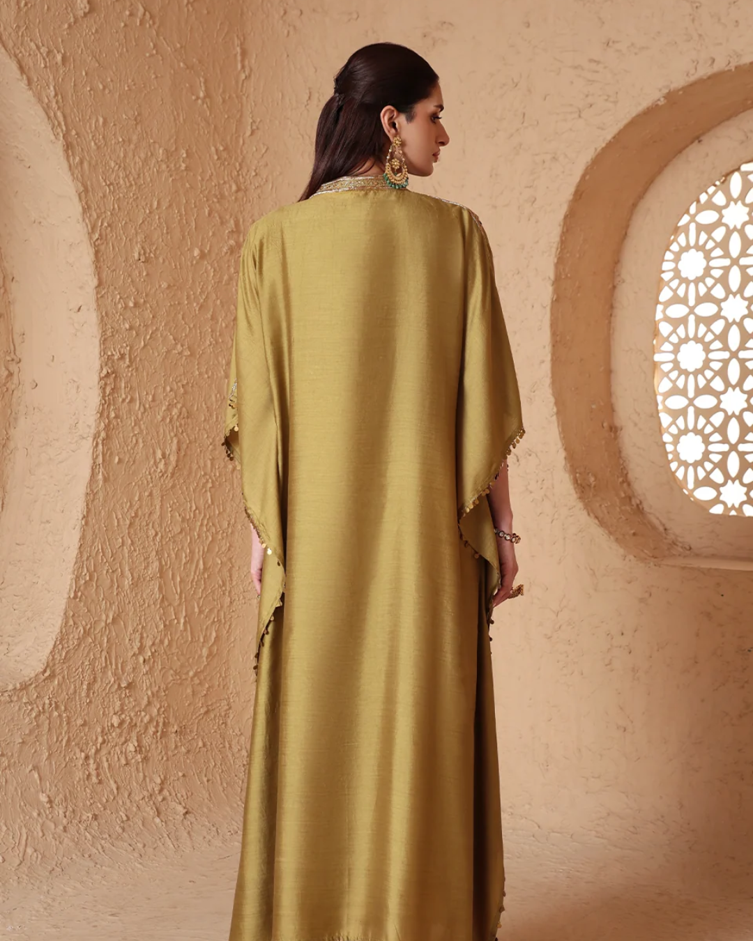 Niti Bothra - Zar-Rang Olive Green V Neck Kaftan Set