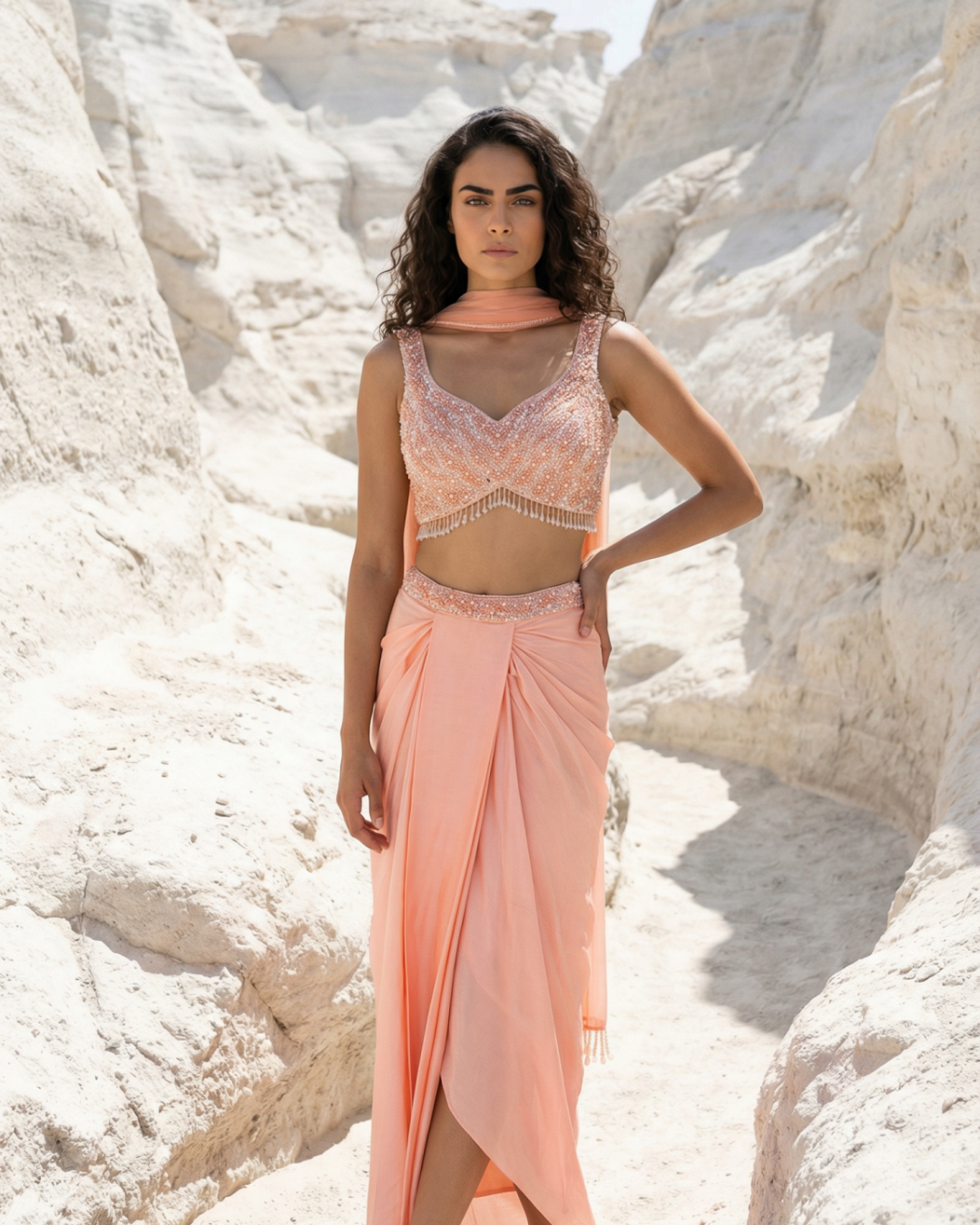 Anisha Shetty - Peach Sequence And Pearl Blouse With Pleated Skirt And Dupatta