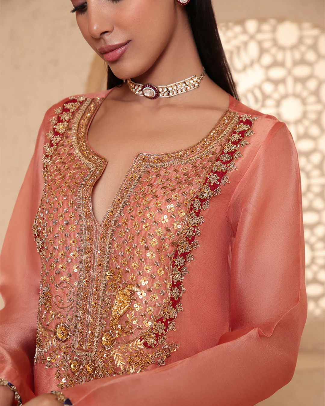 Niti Bothra - Mehrang Peach Heavy Neck Kurta Set