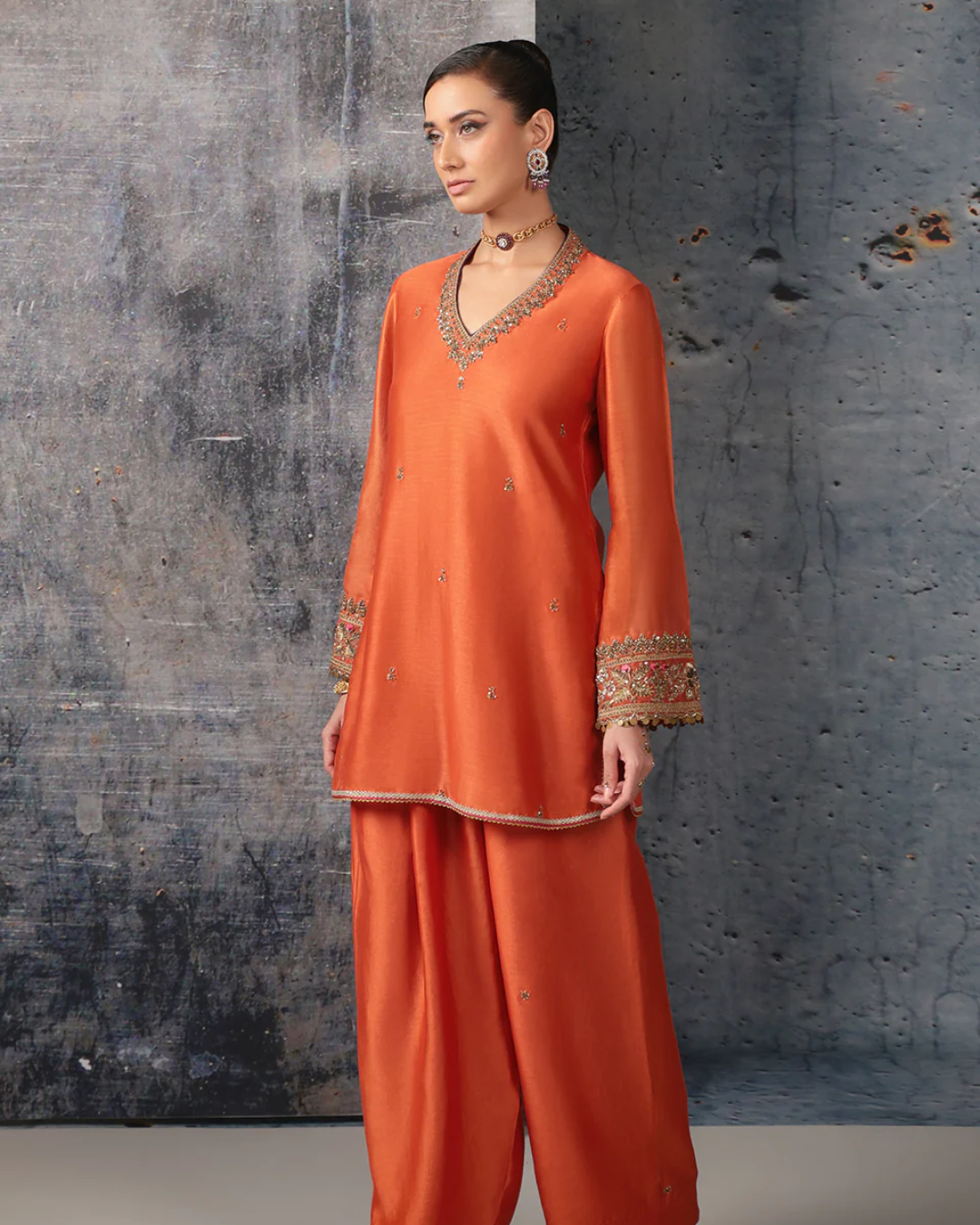 Niti Bothra - Mehrang Orange V Neck Short Kurta Set