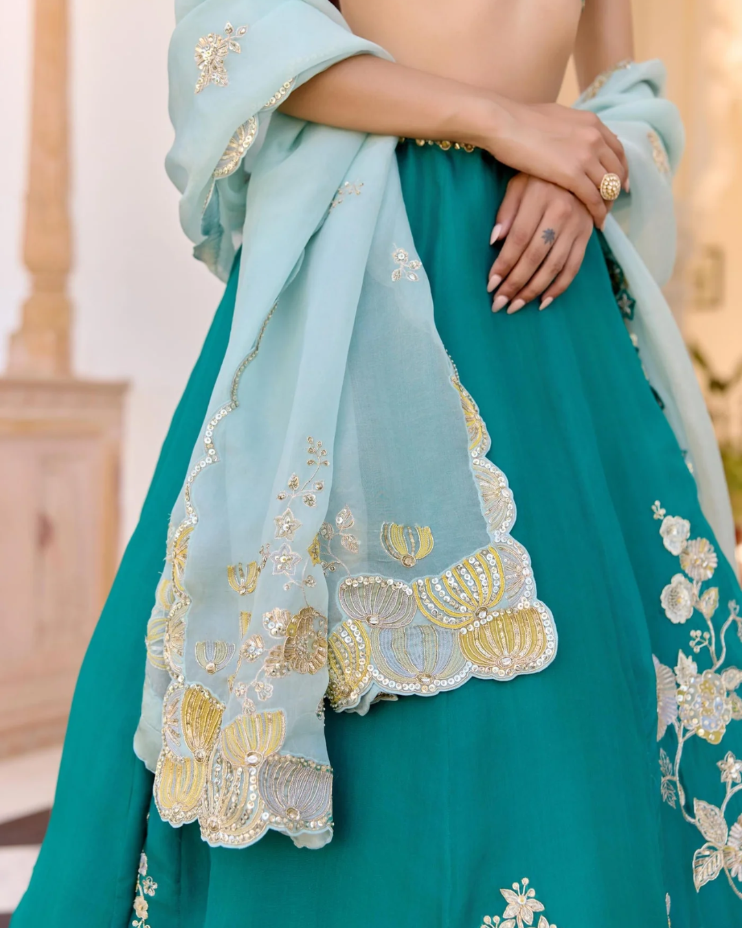 Osaa By Adarsh - Pine Green Jaal Embroidered Lehenga Set From SAFAR