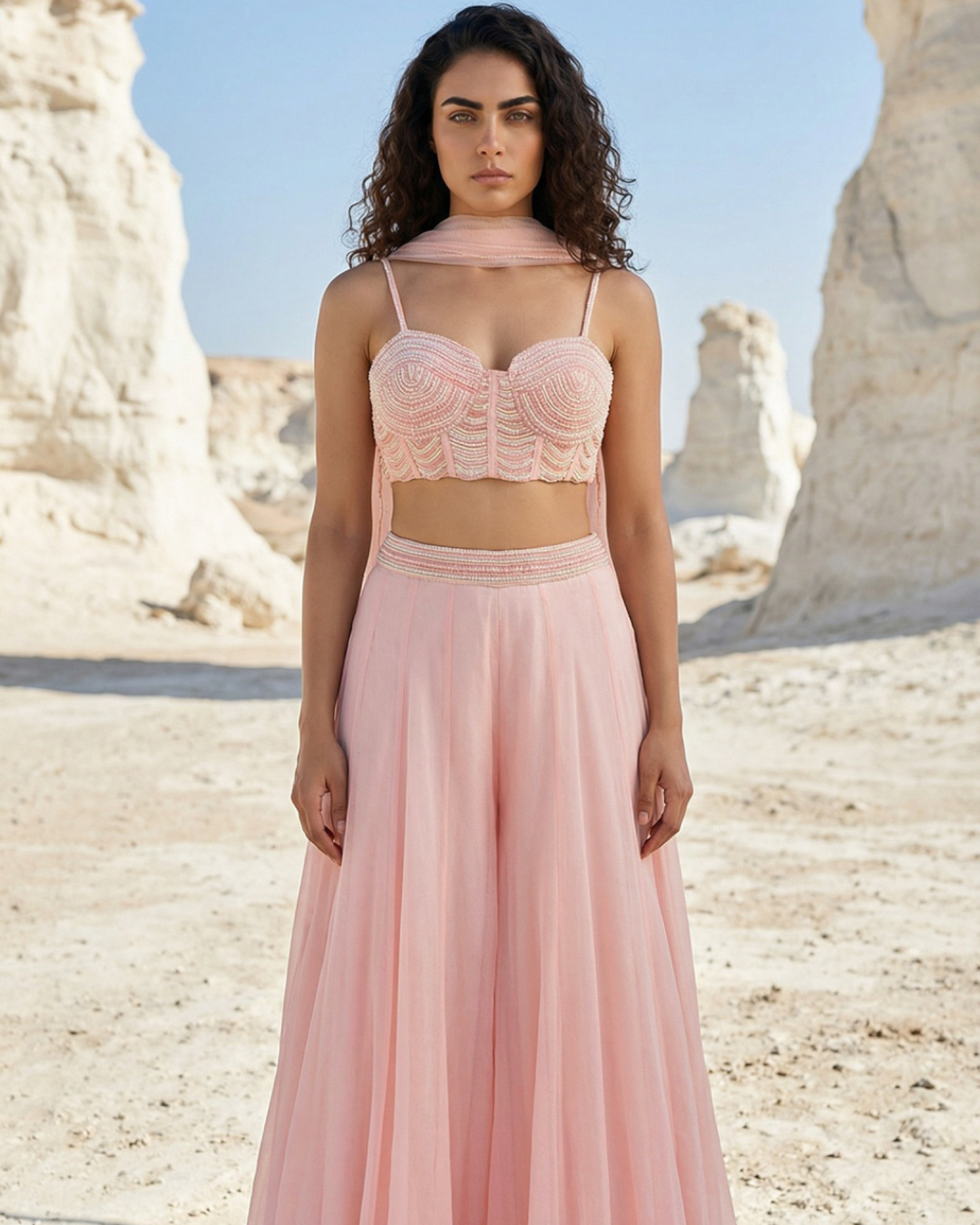 Anisha Shetty - Baby Pink Pearl And Cutdana Blouse With Goergette Sharara