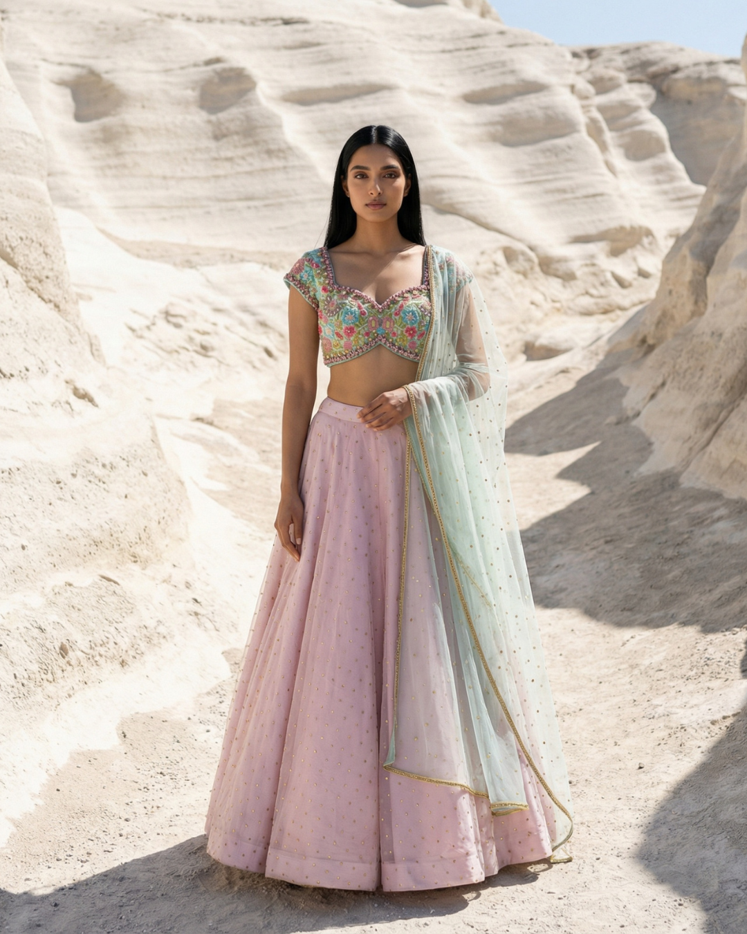 Anisha Shetty - Pink Stonework Lehenga With Sky Blue Embroidered Blouse With Pink Dupatta