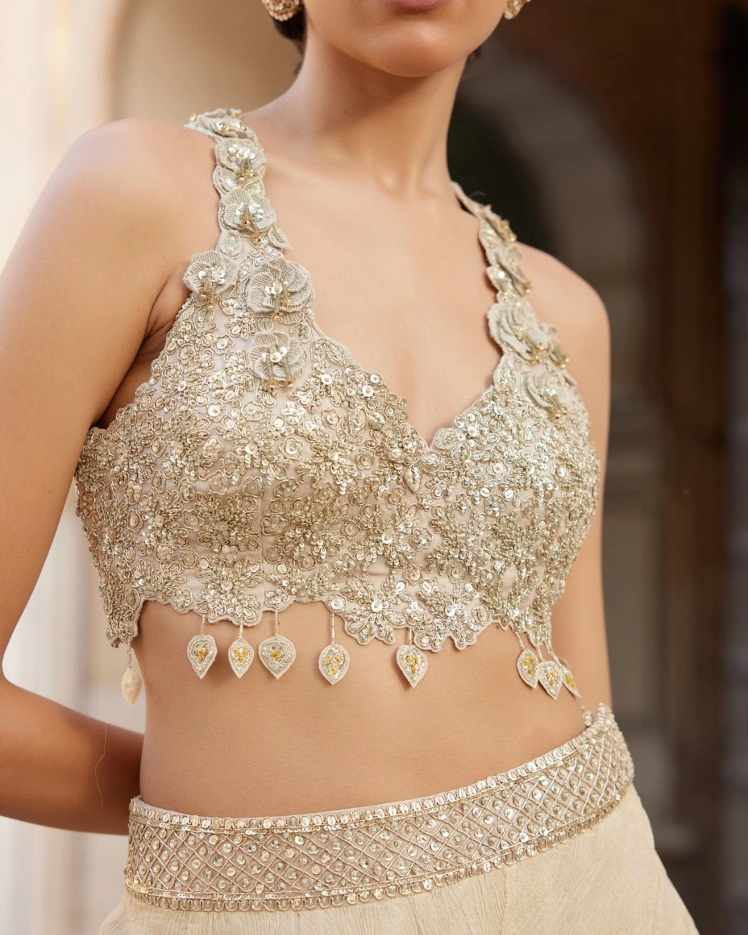 Osaa By Adarsh - Beige Champagne Embroidered Top and Frill Skirt From RASM