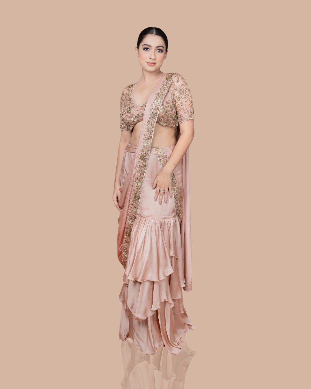 Sonali Bansal - Golden skirt saree with hand embroidered blouse and drape From Wedding Capsule