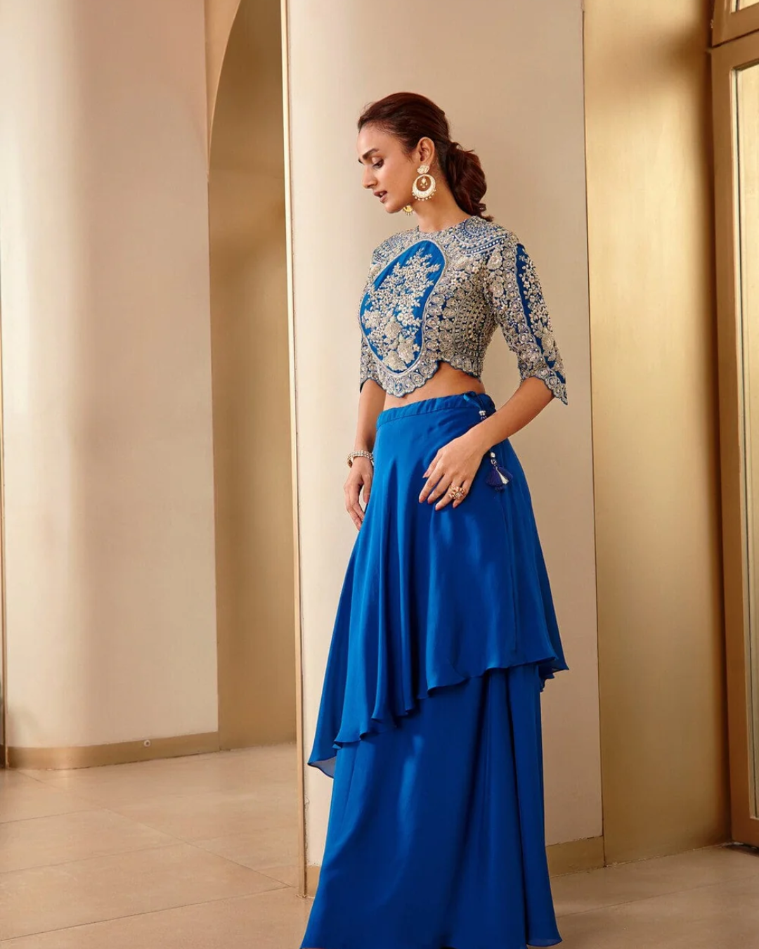 Osaa By Adarsh - Jade Blue Embroidered Top and Assymetrical Skirt From RASM