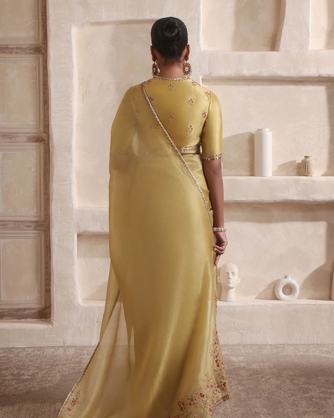 Niti Bothra - Zar-Rang Olive Green Multicolor Resham Saree Set