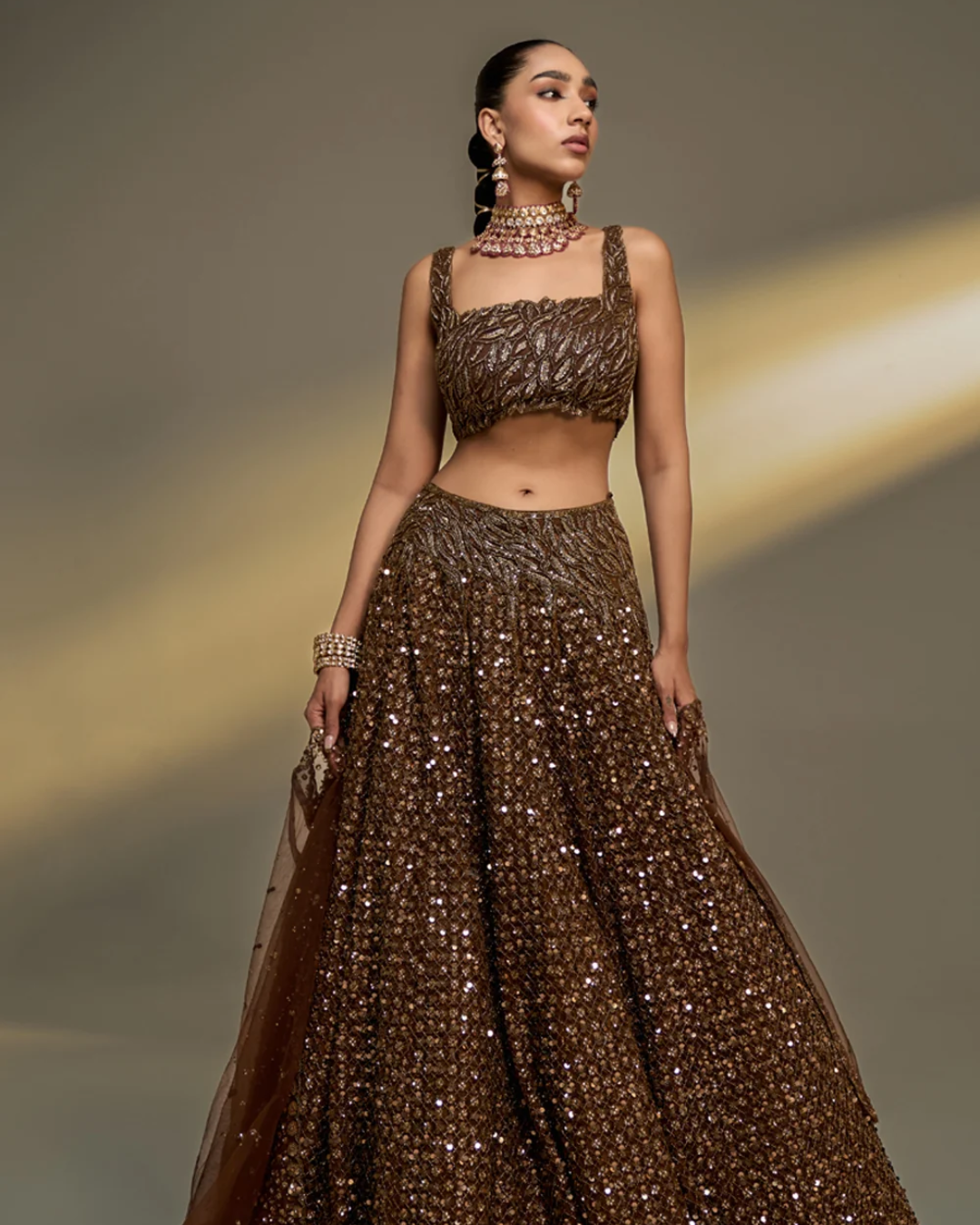 Prevasu - Copper Gold Corset Lehenga Set From The Mocha Edit