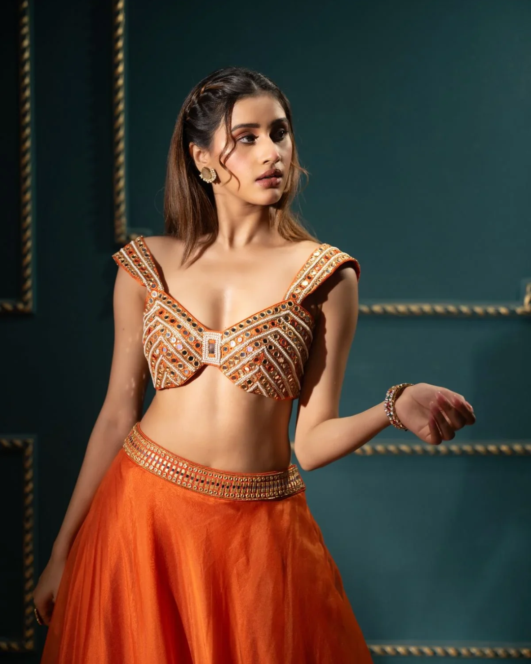 Anisha Shetty - Tangelo Organza Lehenga Set From Rangin