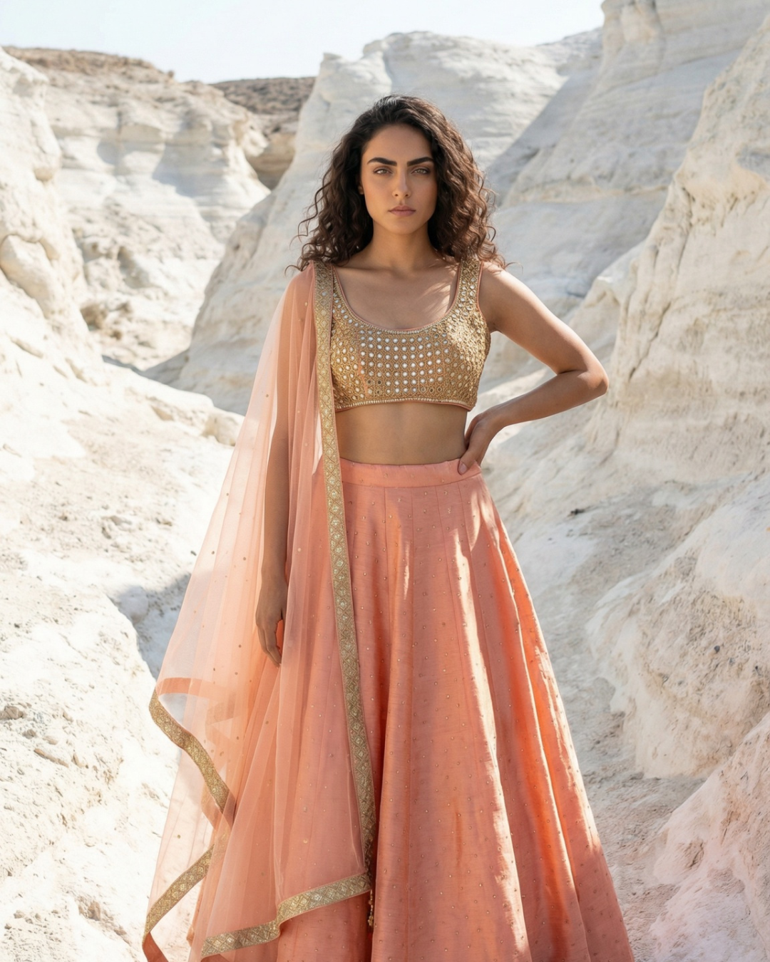 Anisha Shetty - Peach Stonework Lehenga With Mirror Blouse