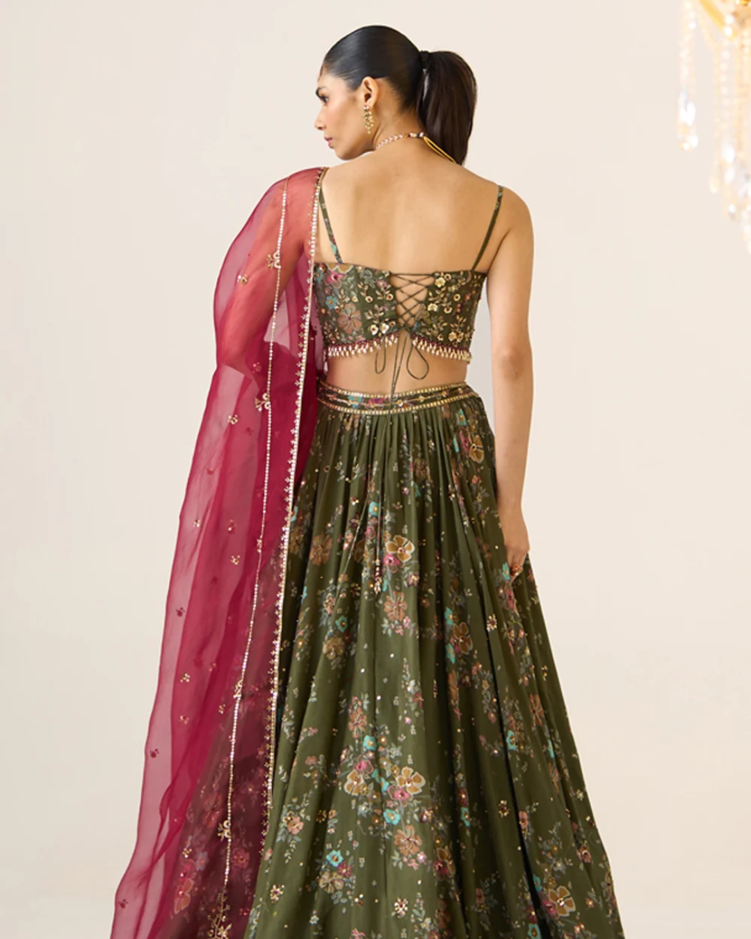 Prevasu - Olive Printed Lehenga Set From Gulabo