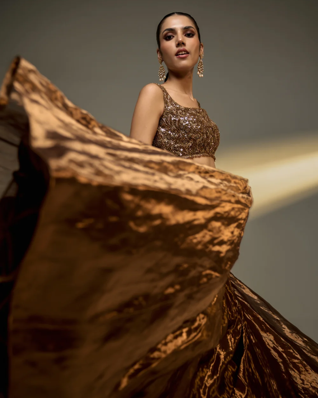 Prevasu - Copper Gold Embroidered Lehenga Set From The Mocha Edit