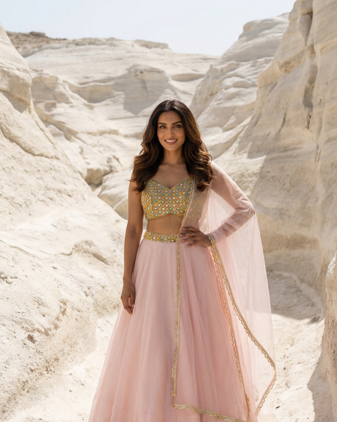 Anisha Shetty - Salmon Pink Organza Lehenga With Multicolour Emb Blouse