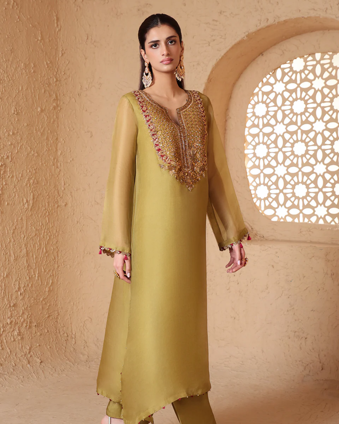 Niti Bothra - Mehrang Olive Green Heavy Neck Kurta Set