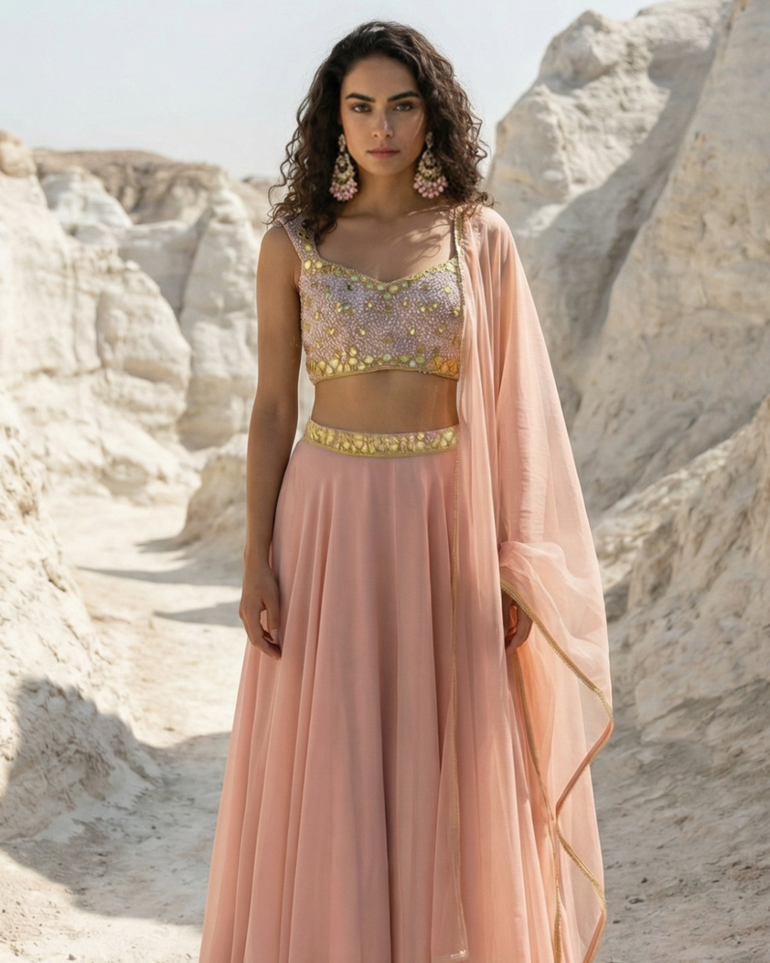 Anisha Shetty - Peach And Lavender Sequence Blouse With Peach Pallazo
