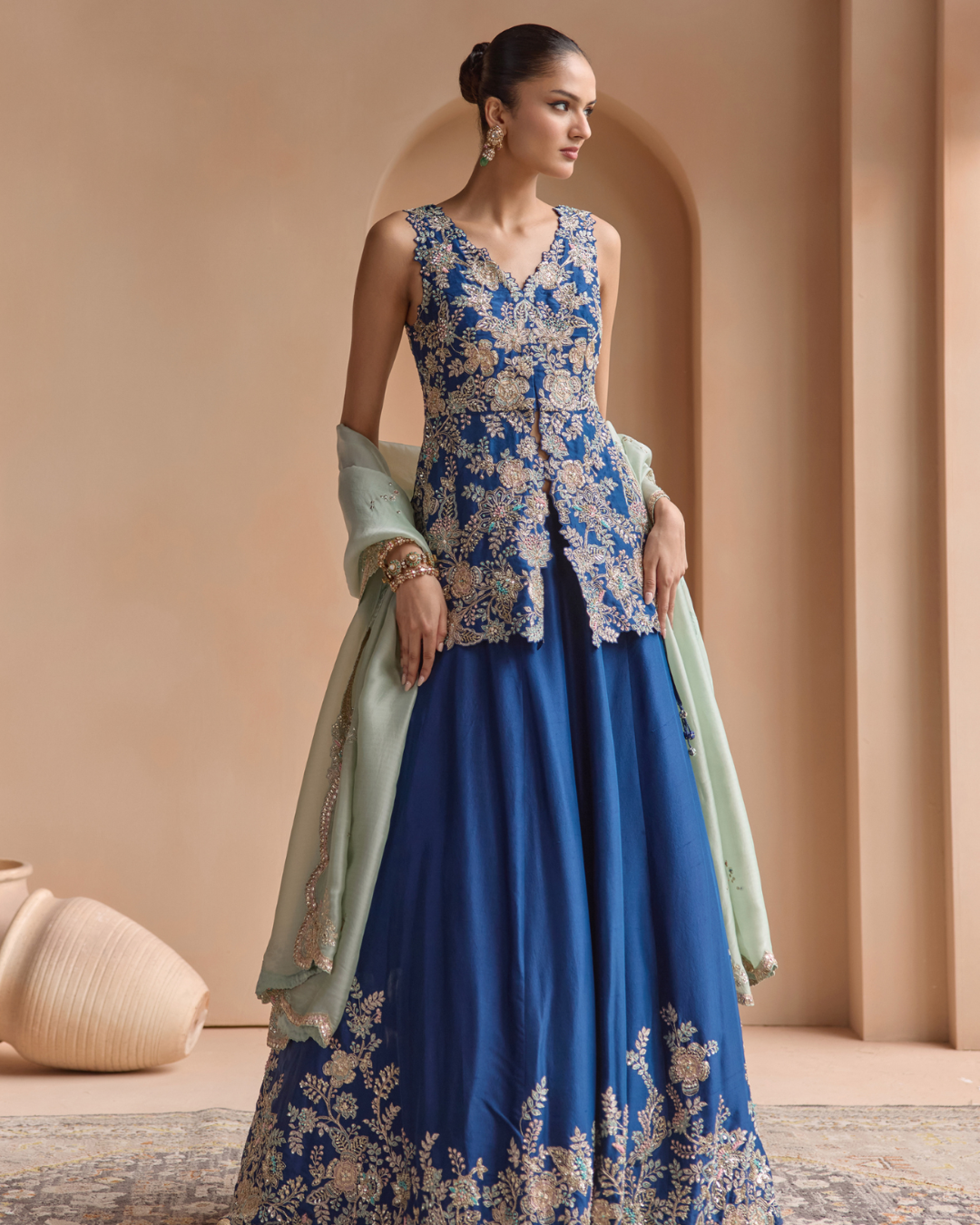 Osaa By Adarsh - French Navy Embroidered Peplum Lehenga Set From Off The Record
